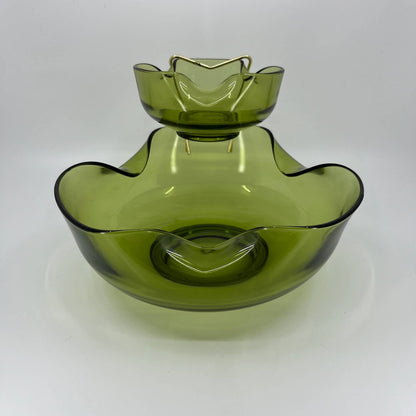 Vintage Anchor Hocking Pinched Avocado Green Glass Chip & Dip Set Bowl 9.25” TB3