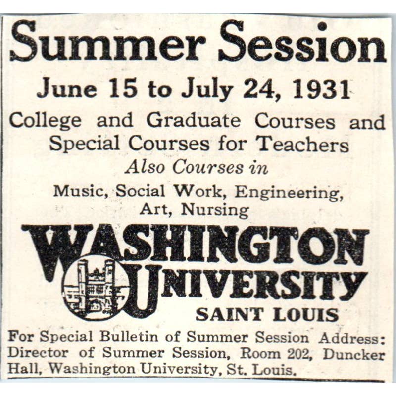 1931 Washington University St. Louis Summer Session Advertisement ~2x2.5 SE6-1