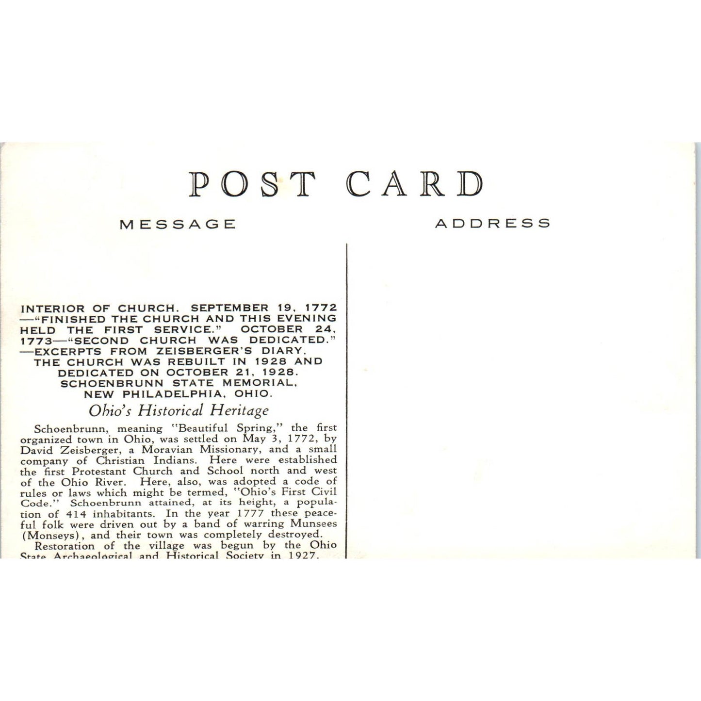 Vtg Postcard Schoenbrunn State Park Church Interior New Philadelphia Ohio TD9