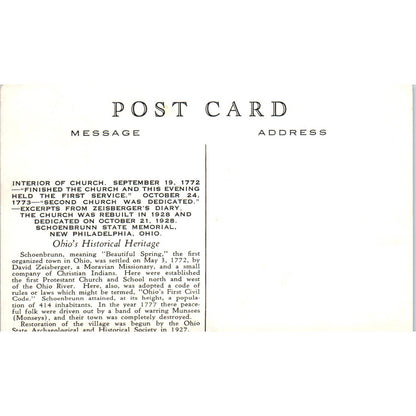 Vtg Postcard Schoenbrunn State Park Church Interior New Philadelphia Ohio TD9