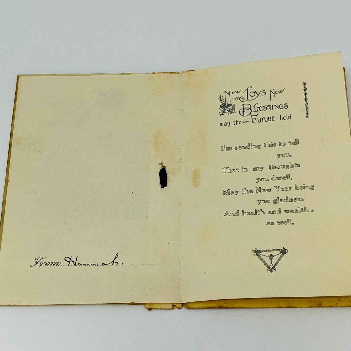 Antique 1910s Folding New Year’s Greeting Card Purple Flowers Bow Victorian C1