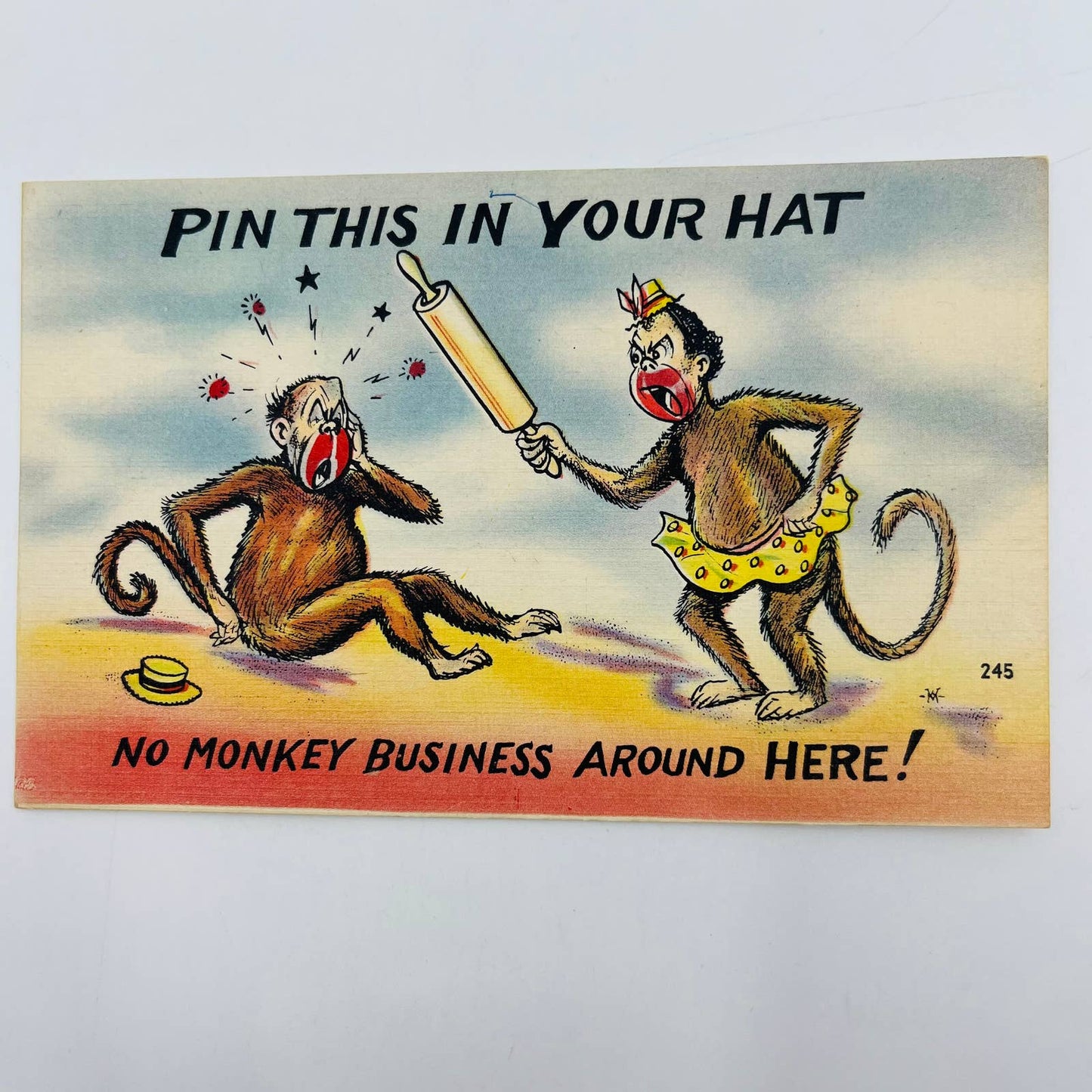 1930s Linen Humor Post Card Anthropomorphic Monkeys Wife Smacks Husband PA3