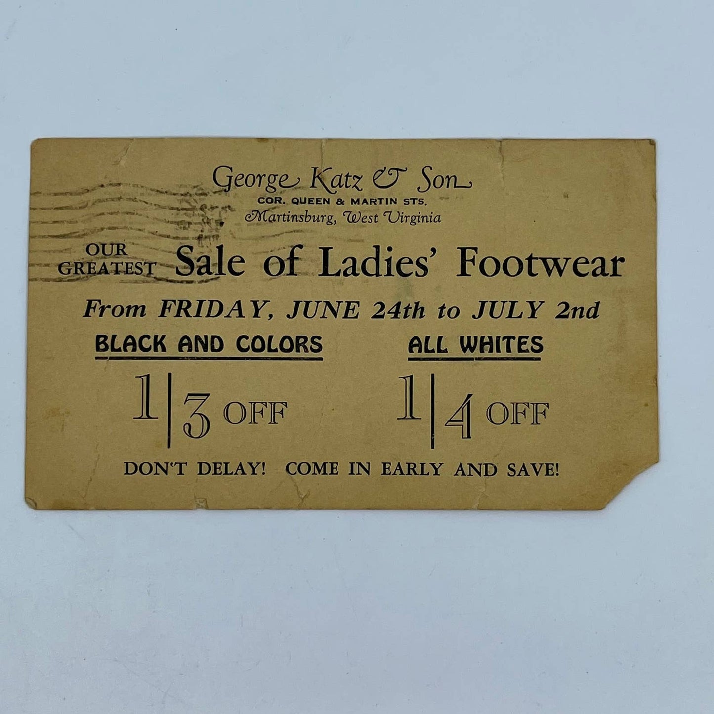 1932 Advertising Postcard George Katz & Son Ladies Footwear Martinsburg WV AA6