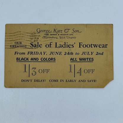 1932 Advertising Postcard George Katz & Son Ladies Footwear Martinsburg WV AA6