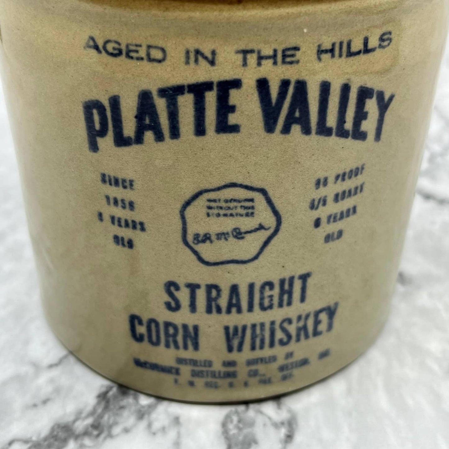 1960s McCormick Platte Valley Whiskey Bottle Ceramic Stoneware Pint Jug 6.5" TJ8