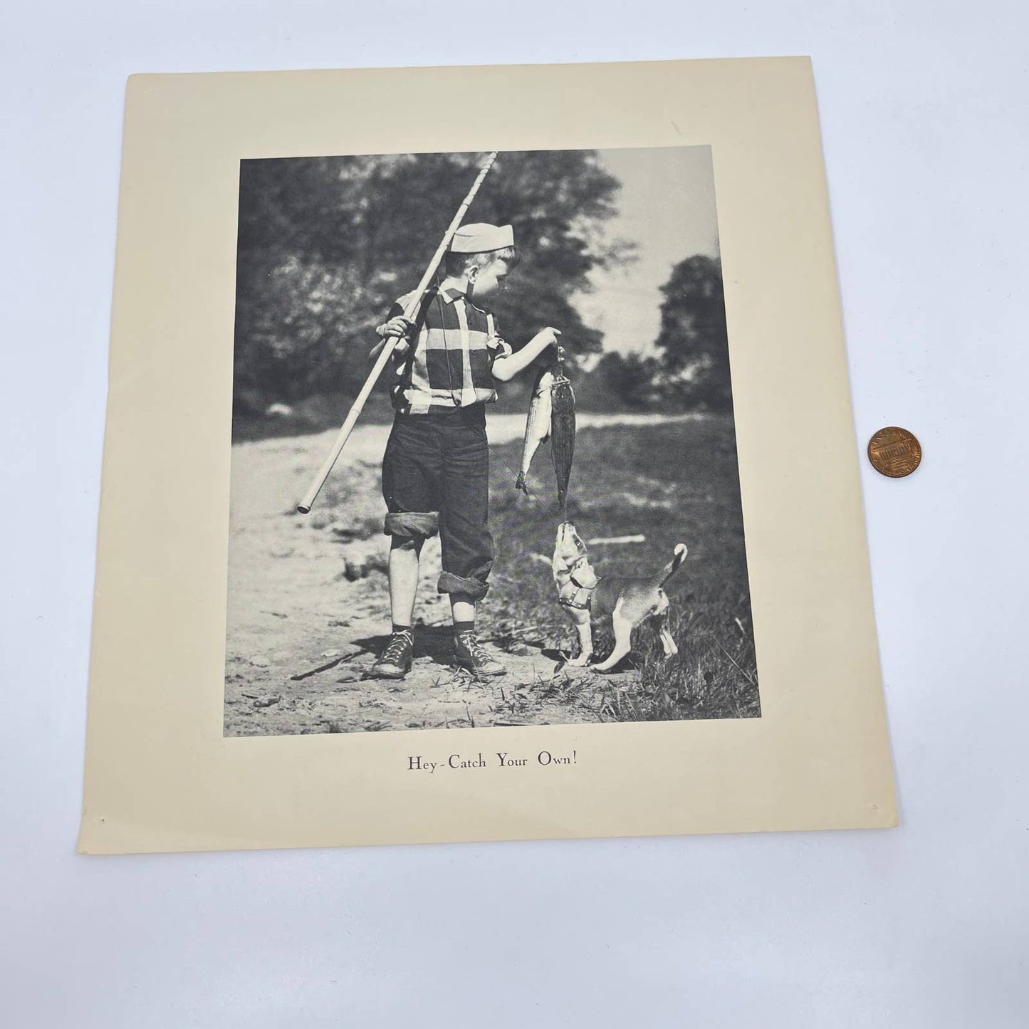 Vintage Black and White Print Boy Fishing with Dog 10.5x11.5” FL3