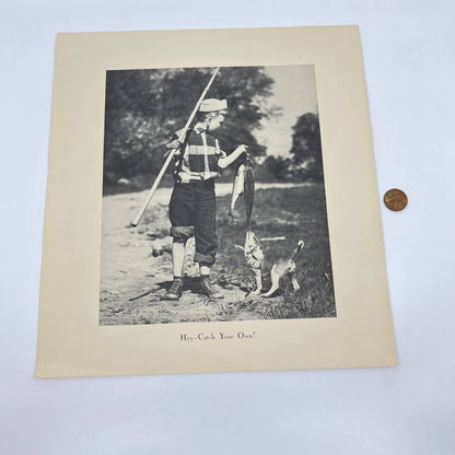 Vintage Black and White Print Boy Fishing with Dog 10.5x11.5” FL3