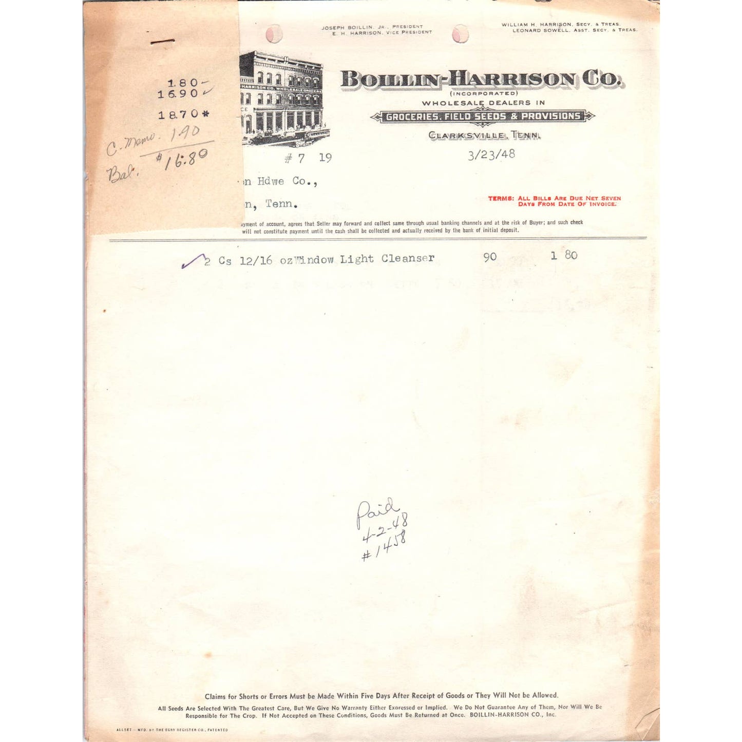 1948 Boillin-Harrison Co Billhead Set Groceries Clarksville TN AD5-3