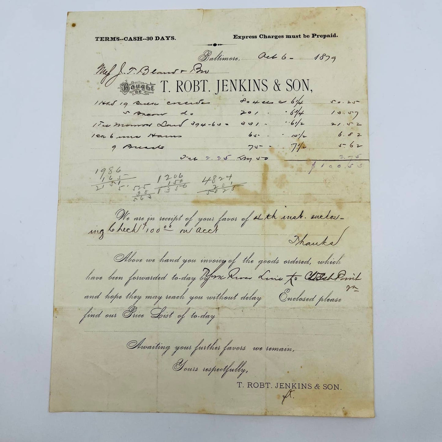 1879 T Robt Jenkins & Son Baltimore MD Billhead Letterhead Receipt AA4