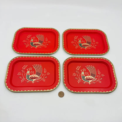 MCM Vintage Red Pink Peacock Metal Bird Cocktail Tray 7x5” Set of 4 TA9