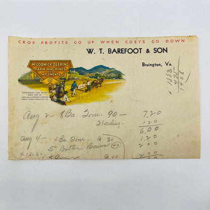 Antique Letterhead W.T. Barefoot & Son Bruington VA McCormick Deering AA5