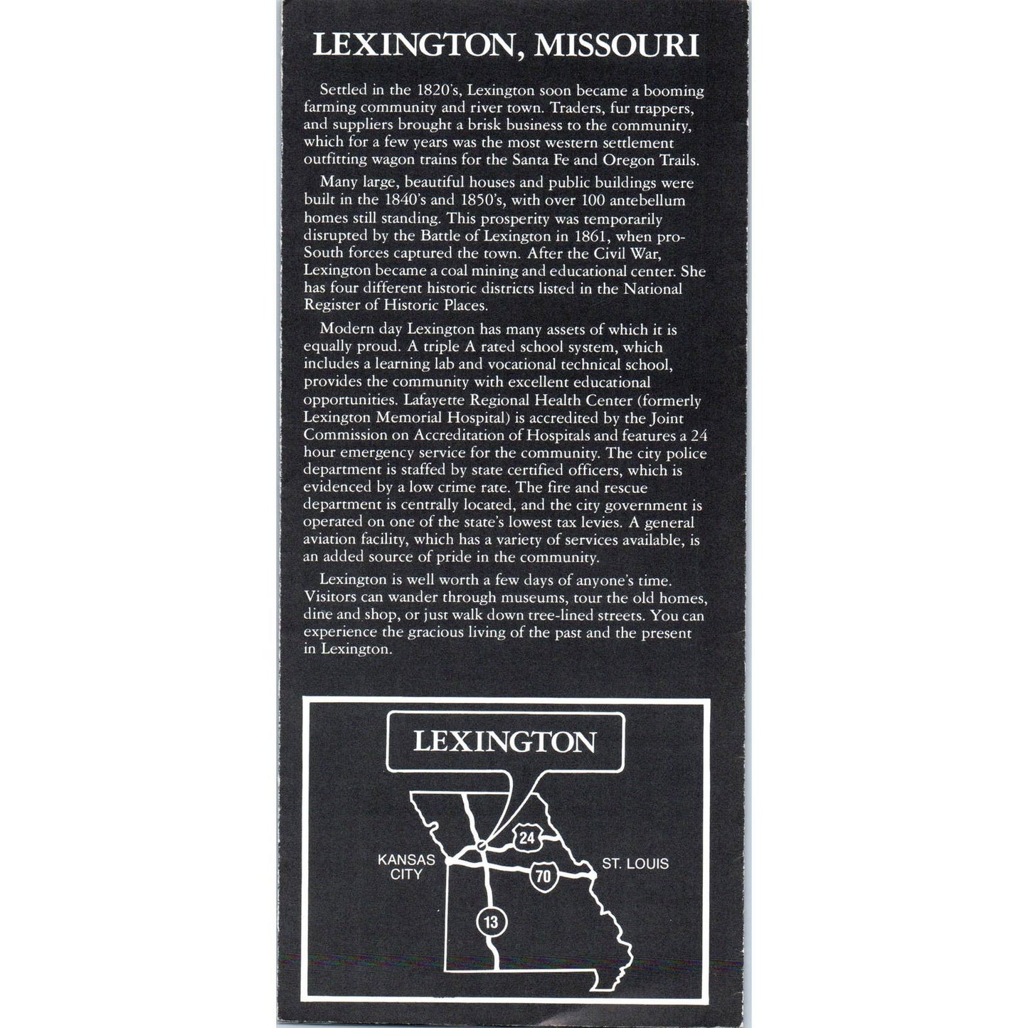 Vintage Historic Lexington Missouri Travel Fold Out Map & Brochure AD7