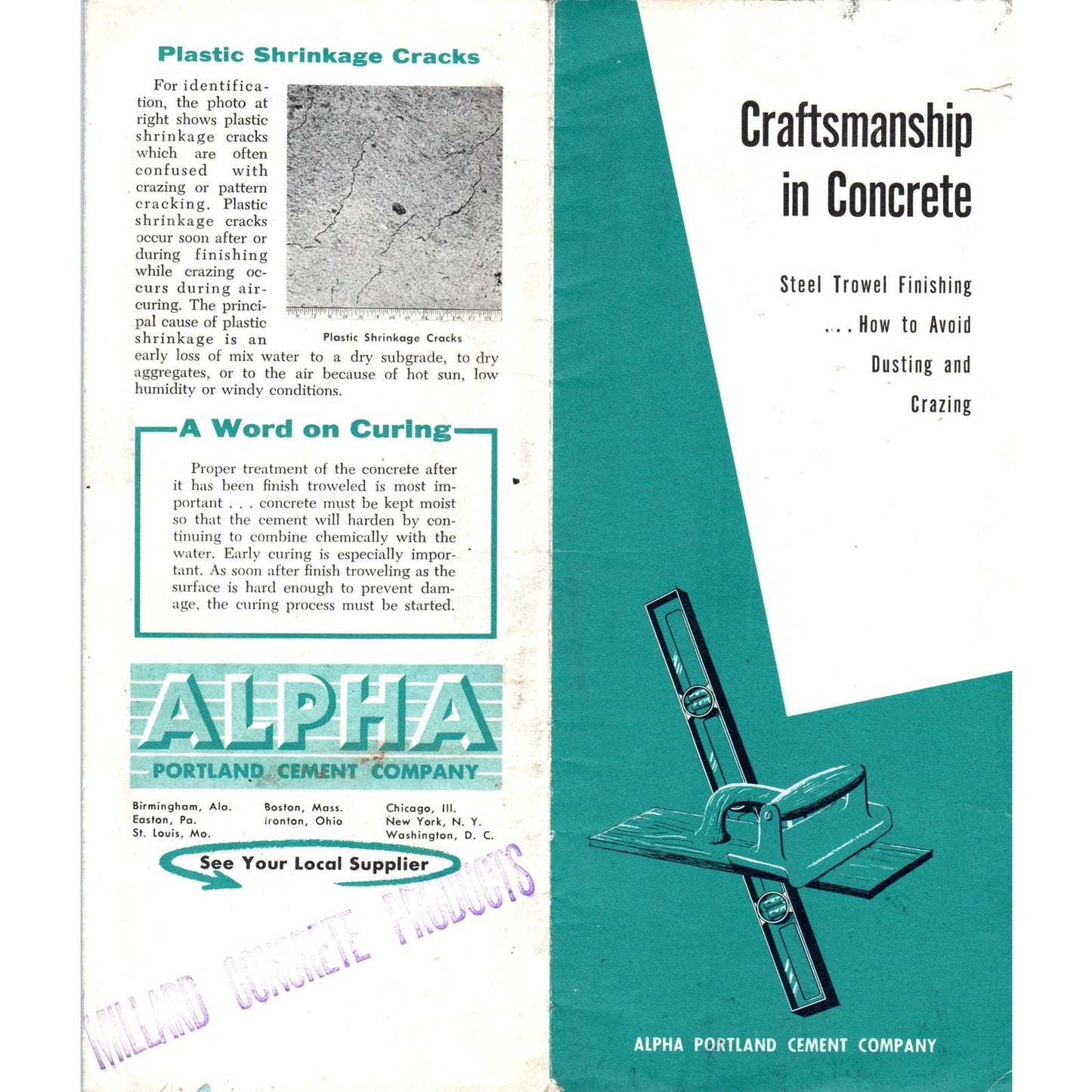 1956 Advertising Brochure Craftsmanship in Concrete Alpha Portland Cement Co SE5