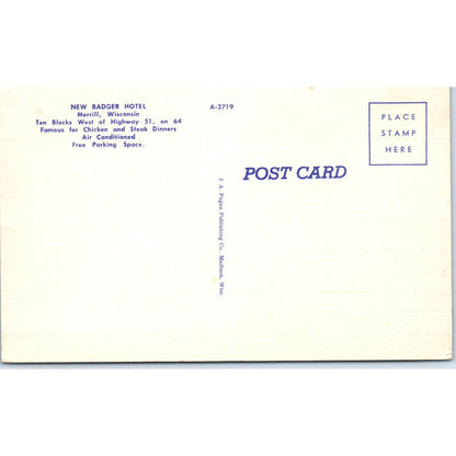 New Badger Hotel Merrill Wisconsin Original Postcard TJ9-P3