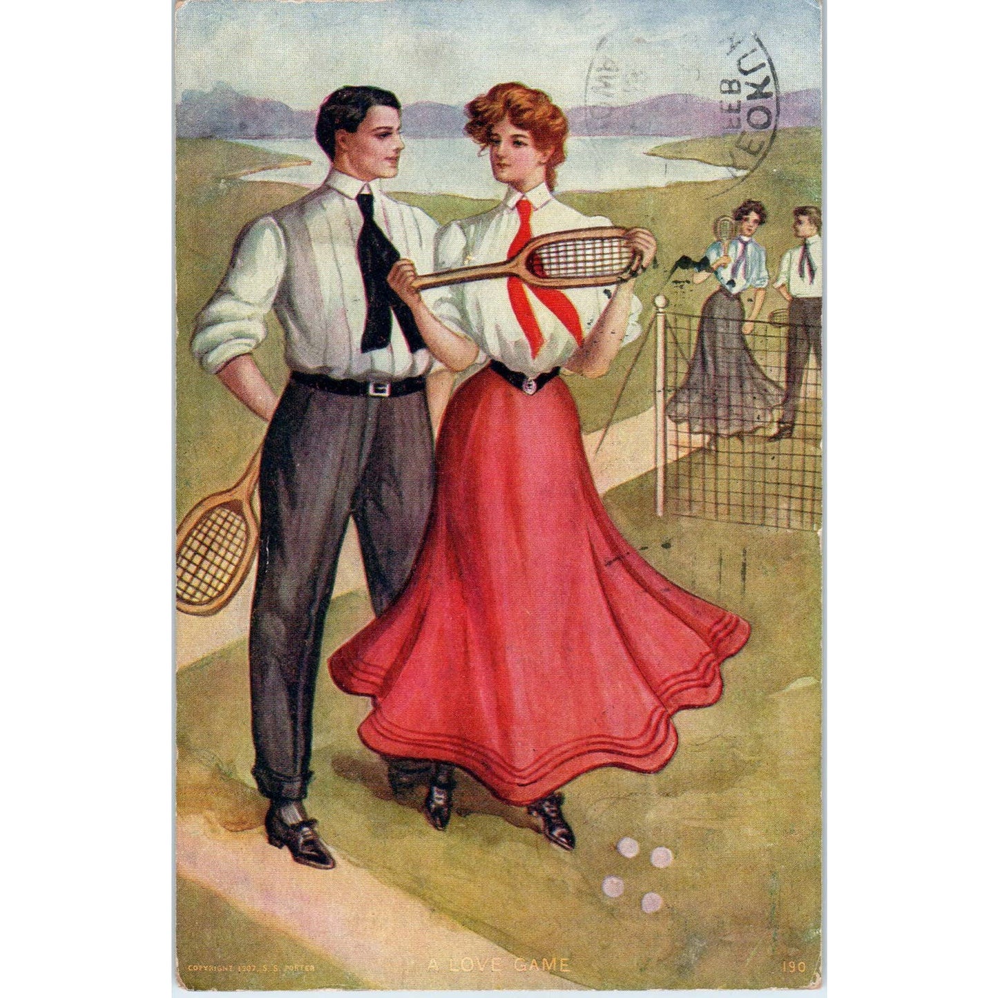 Victorian Couple Playing Tennis 1913 Original Postcard TK1-23