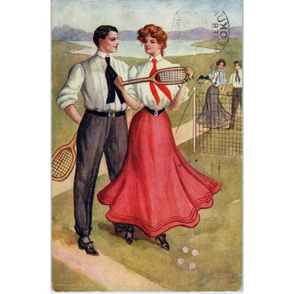 Victorian Couple Playing Tennis 1913 Original Postcard TK1-23