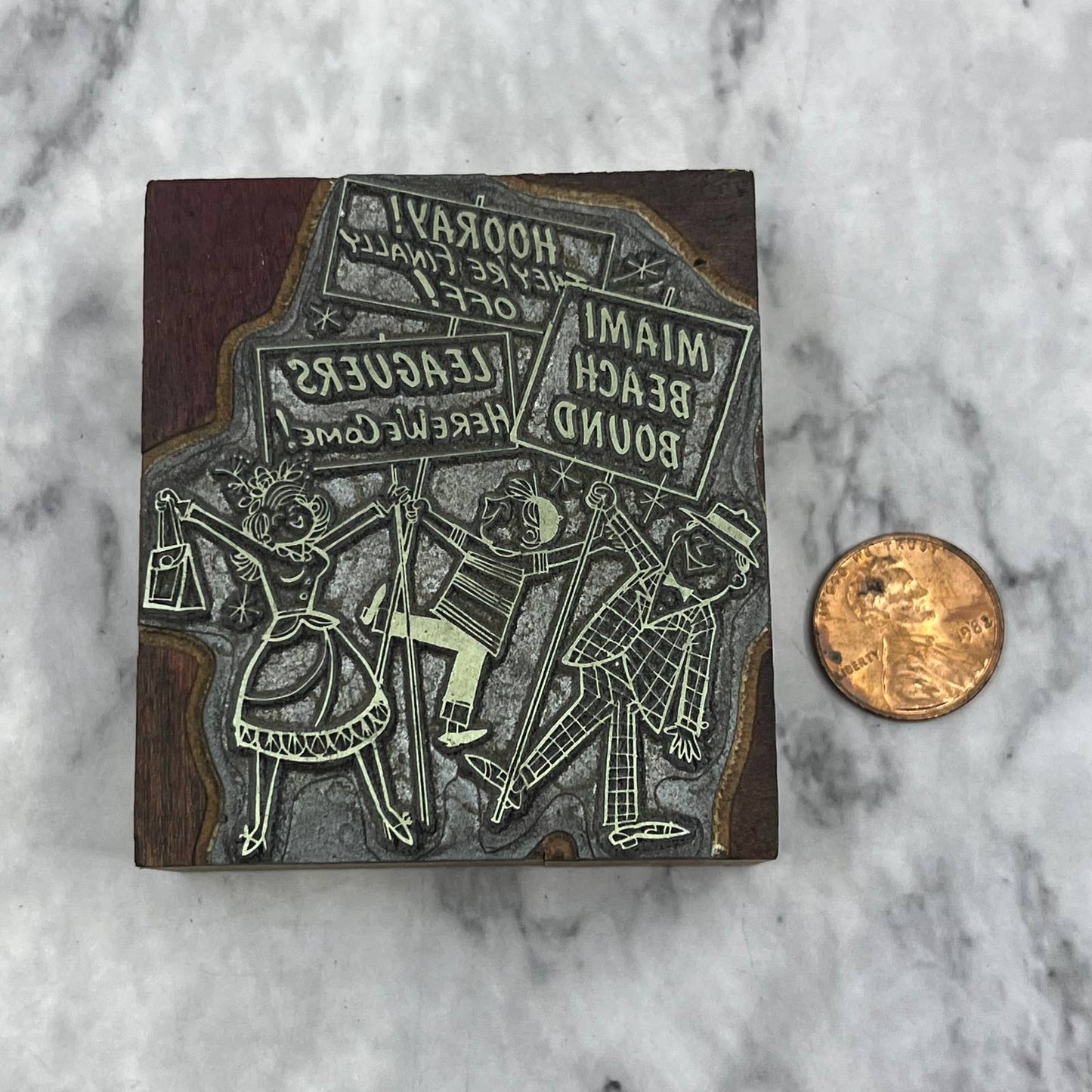 Vintage Letterpress Printers Block Plate Leaguers Miami Beach Bound Cartoon TJ52