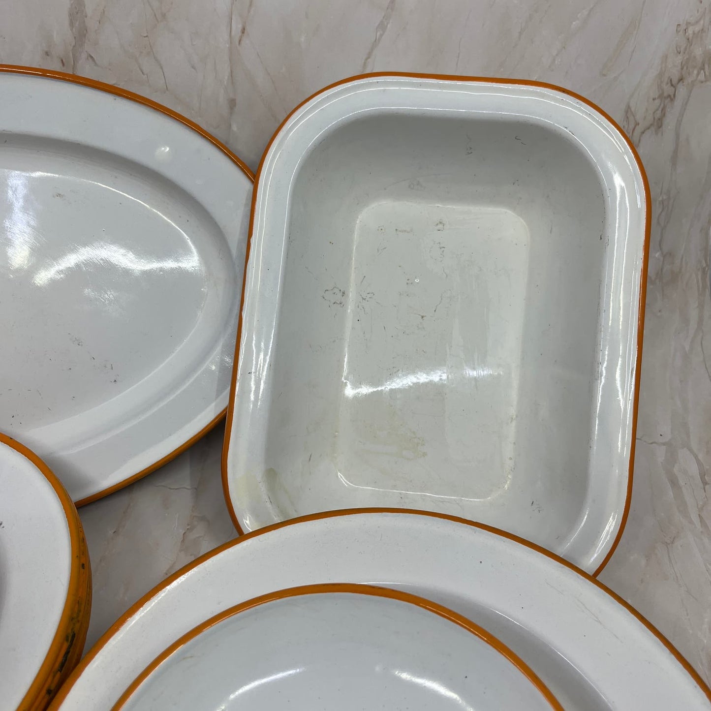 Vintage Enamelware 6 Place Setting Full Set White Orange Trim Bowls Plates Cups