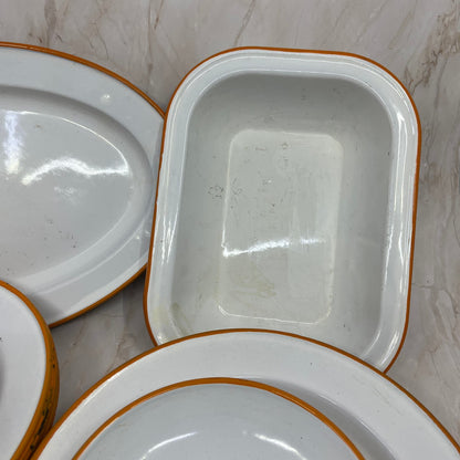 Vintage Enamelware 6 Place Setting Full Set White Orange Trim Bowls Plates Cups