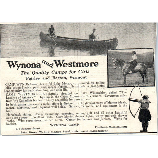 c1920 Harper's Magazine Ad- Wynona and Westmore Camps for Girls Fitchburg MA EA3