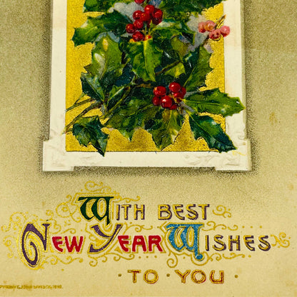 1910s Christmas New Year’s Post Card Embossed Holly Gilt John Winsch PA3