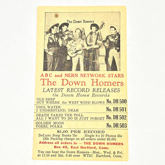 1947 Ad Postcard ABC & Nern Network Stars THE DOWN HOMERS Record Release AB6