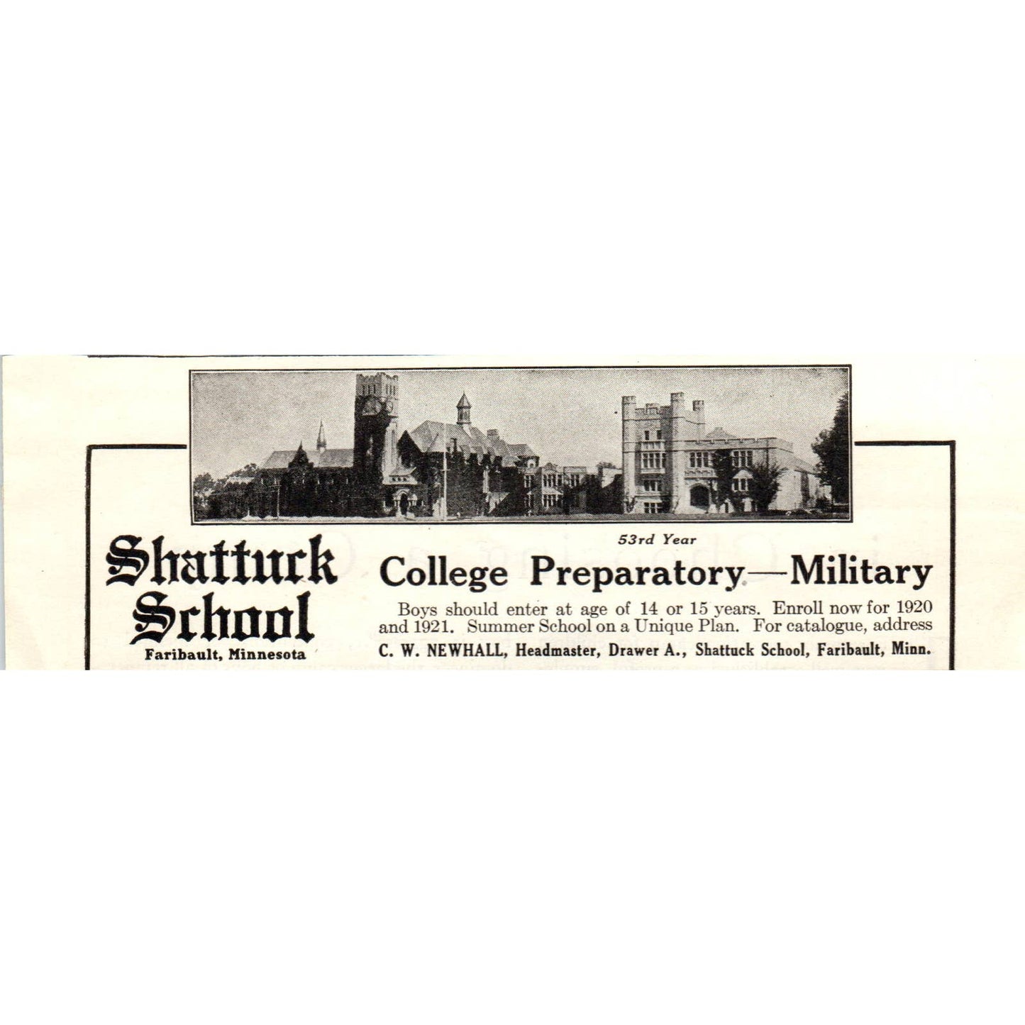 c1920 Harper's Magazine Ad - Shattuck School Faribault MN C.W. Newhall EA3