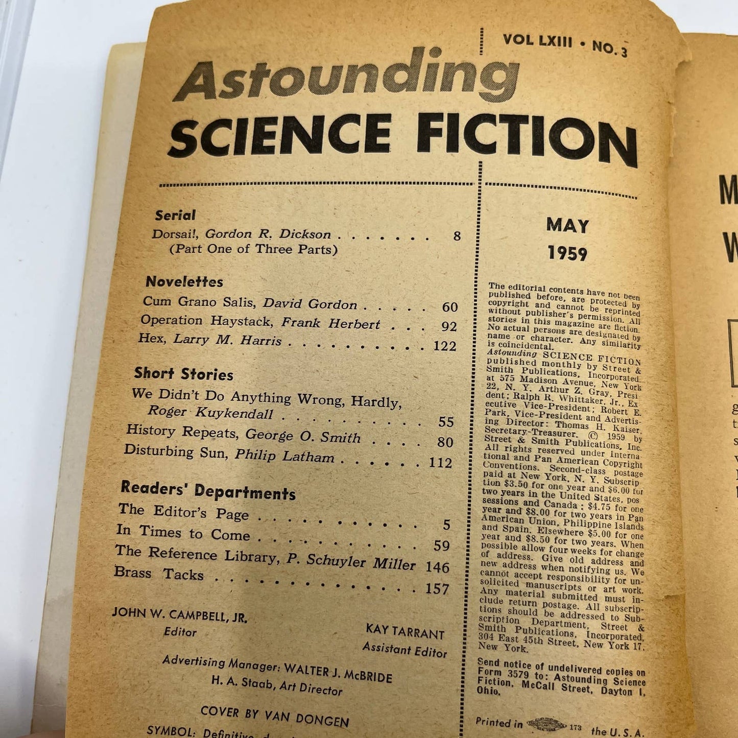 Astounding Science Fiction Pulp Magazine Gordon R Dickson Vol63 No3 May 1959 TC1