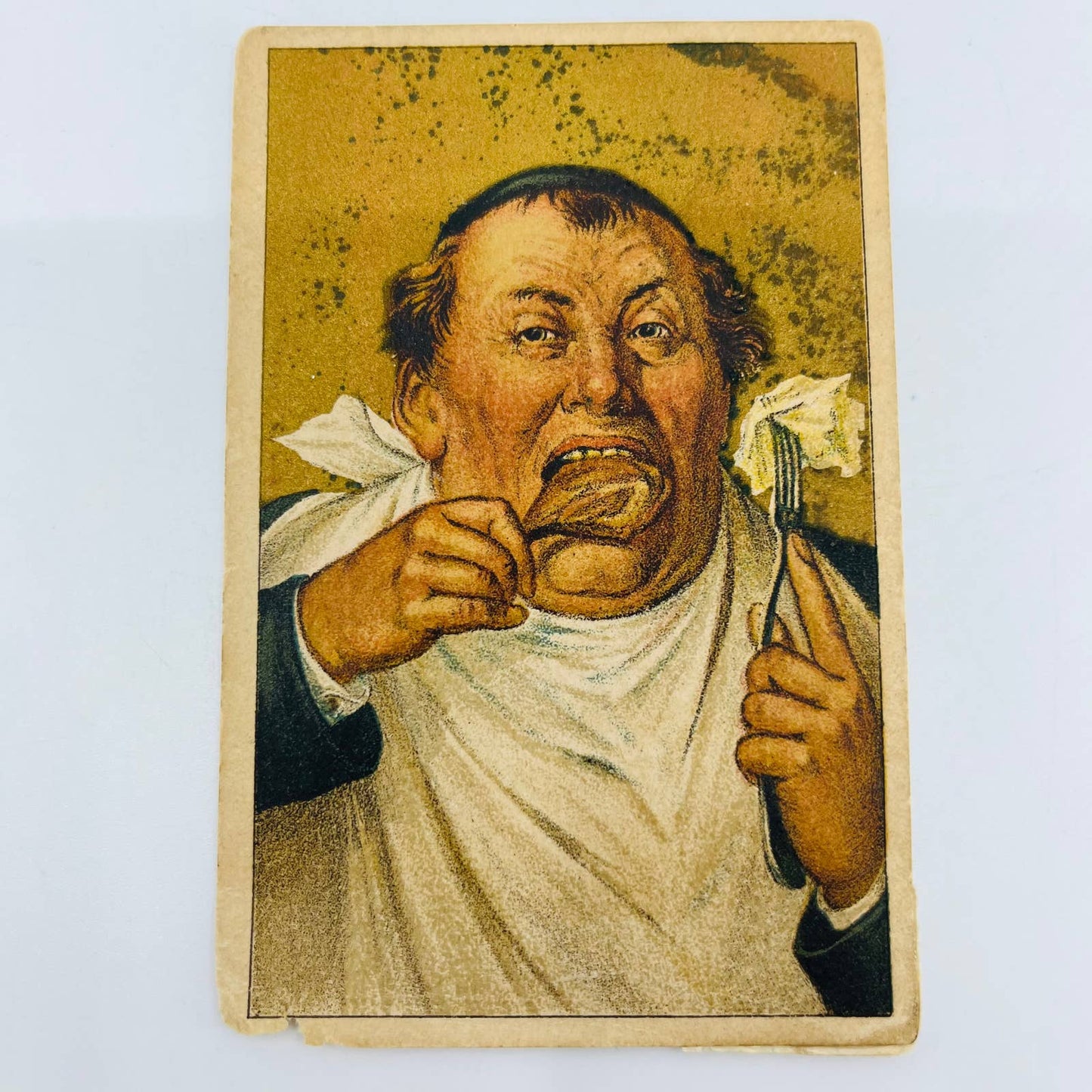 1880s Victorian Trade Card Great Atlantic Pacific Tea Co Man Eating Chicken AA2