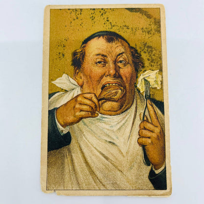 1880s Victorian Trade Card Great Atlantic Pacific Tea Co Man Eating Chicken AA2