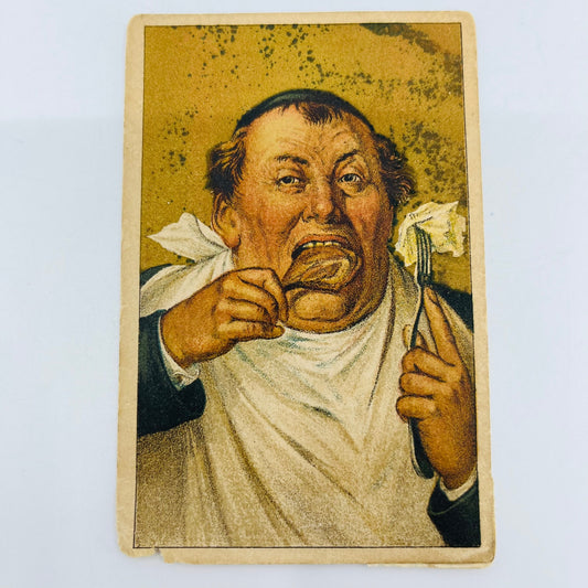 1880s Victorian Trade Card Atlantic Pacific Tea Co Man Eating Chicken AH9-M6