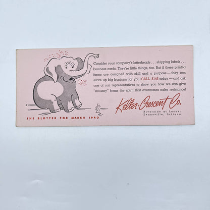 1940s Blotter Card Elephant & Mouse Keller-Crescent Co. Evansville IN SC9