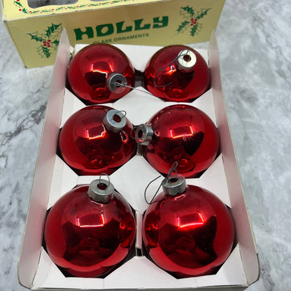 HOLLY 6 Vintage 2 5/8" Mercury Glass Ornaments Original Box Red TJ9