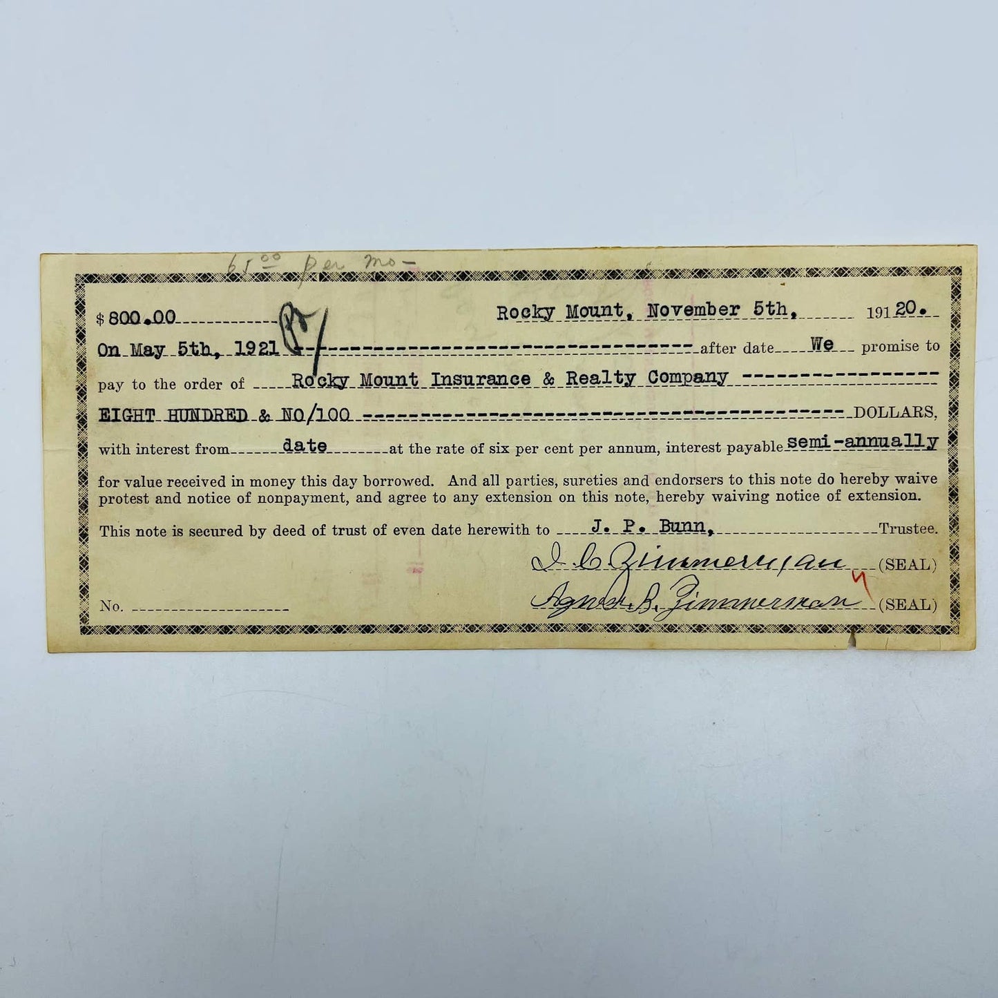 1921 Bank Check Rocky Mount NC Insurance & Casualty Co. JB Zimmerman AA5