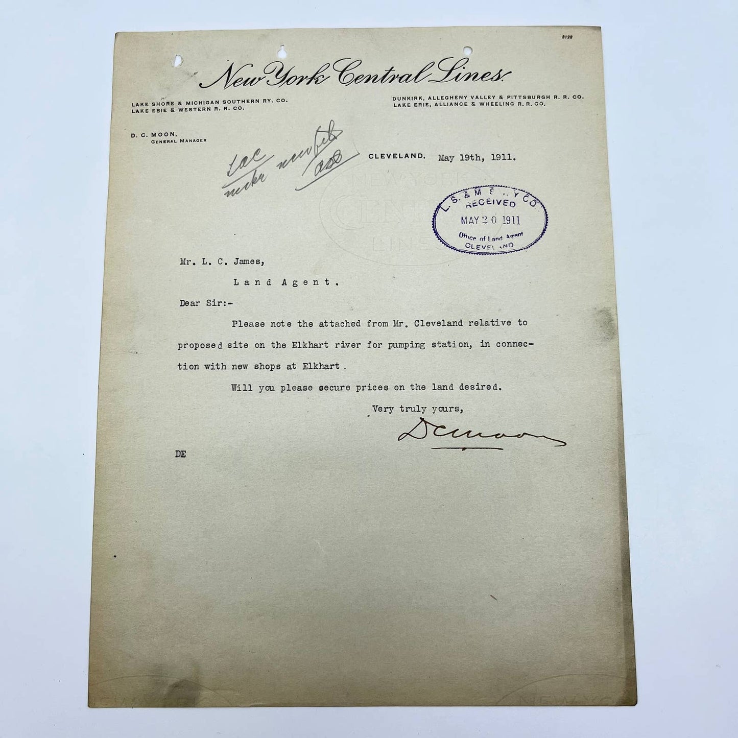 1911 The New York Central Lines Railroad RR Letterhead Memo AB1