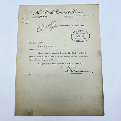 1911 The New York Central Lines Railroad RR Letterhead Memo AB1