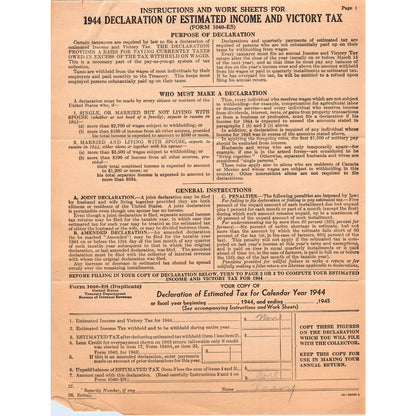 1944 WWII Income and Victory Tax Declaration Form 1040-ES Henry AD4