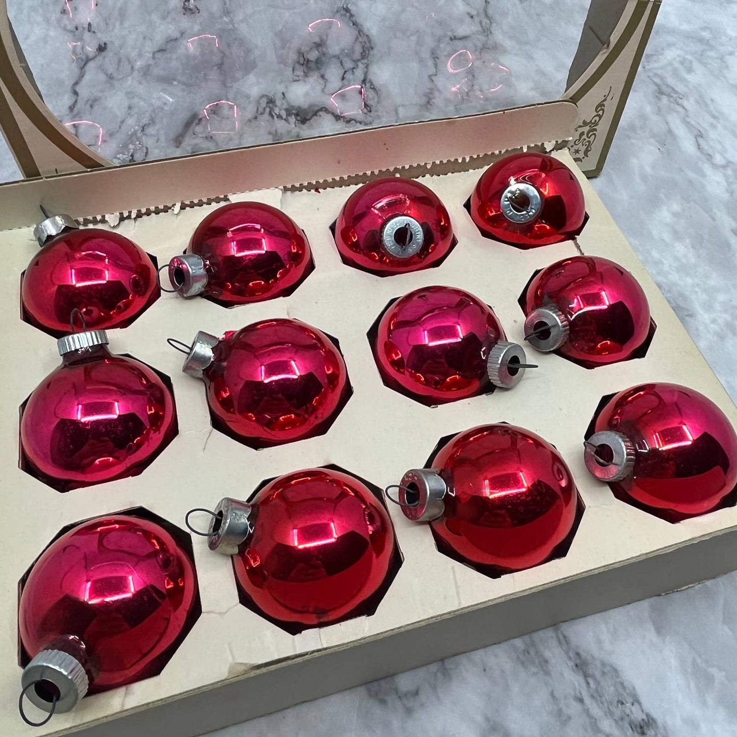 Shiny Brite 12 Vintage 1 3/4" Mercury Glass Ornaments Original Box Red/Pink TJ9