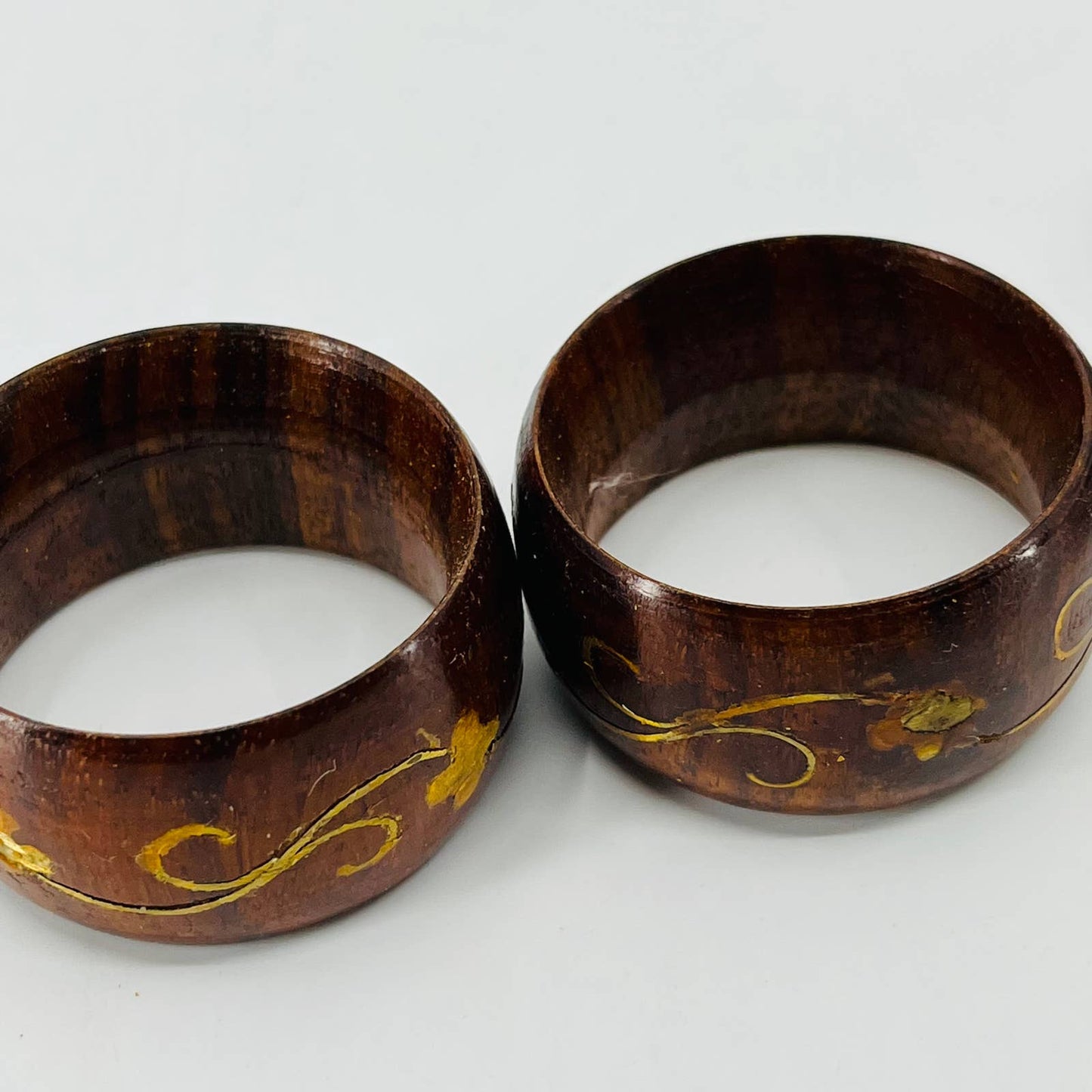 VINTAGE Art Nouveau Napkin Bands Rings Wood w/ Brass Inlay Set of 10 TD2
