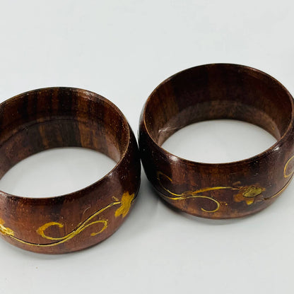 VINTAGE Art Nouveau Napkin Bands Rings Wood w/ Brass Inlay Set of 10 TD2