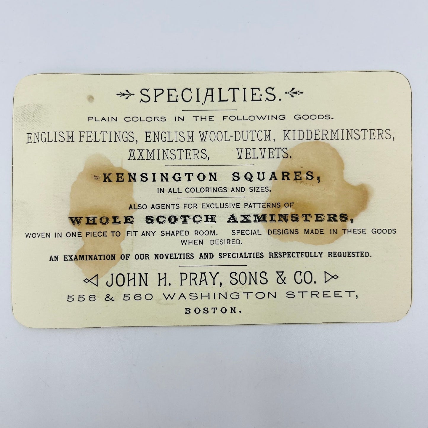 1880s Victorian Trade Card John Pray Sons & Co Washington St. Boston MA AH9-M11