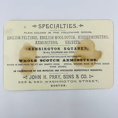 1880s Victorian Trade Card John Pray Sons & Co Washington St. Boston MA AH9-M11