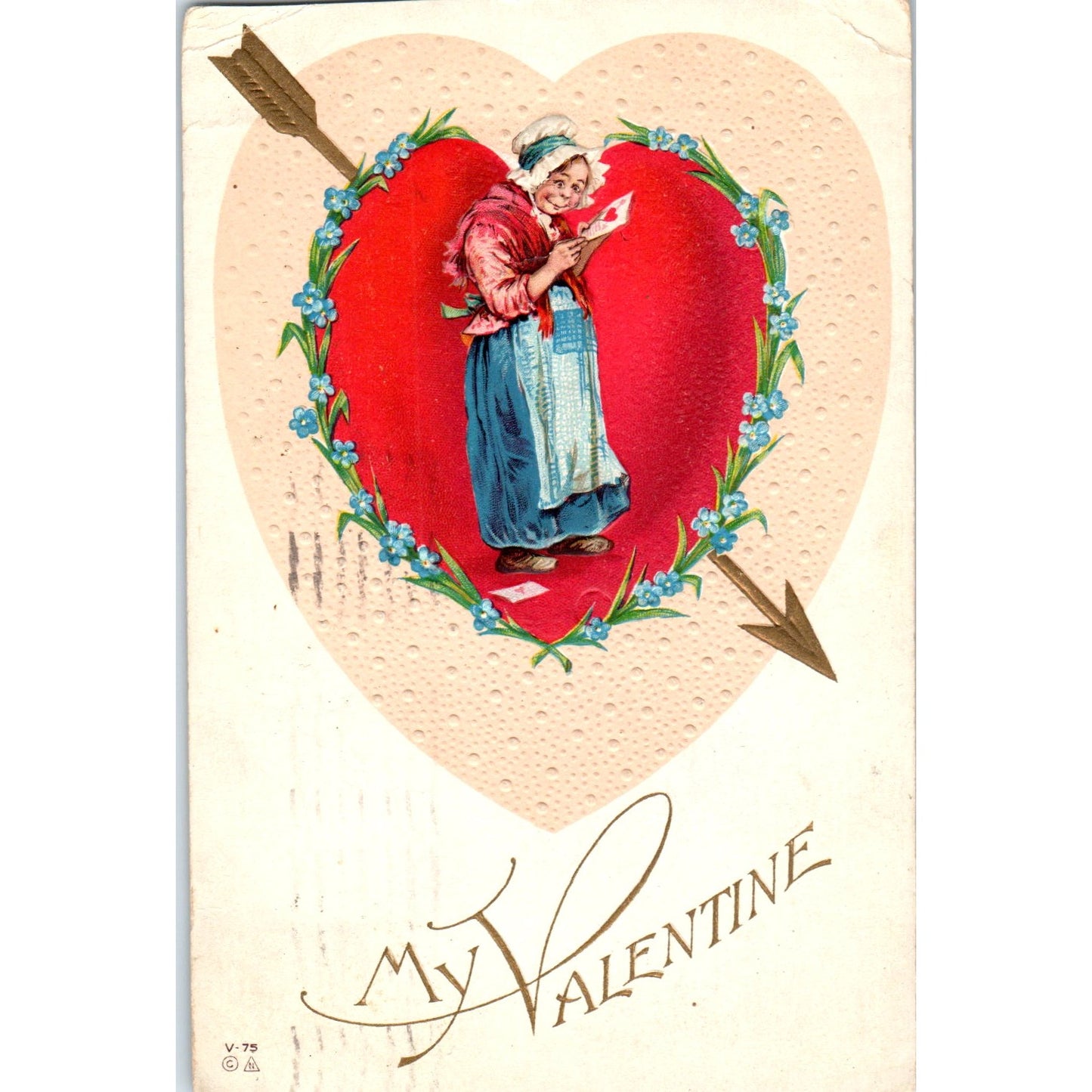 Old Woman With Valentine Embossed 1915 Original Postcard P2-2