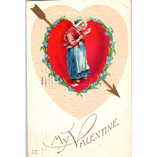 Old Woman With Valentine Embossed 1915 Original Postcard P2-2