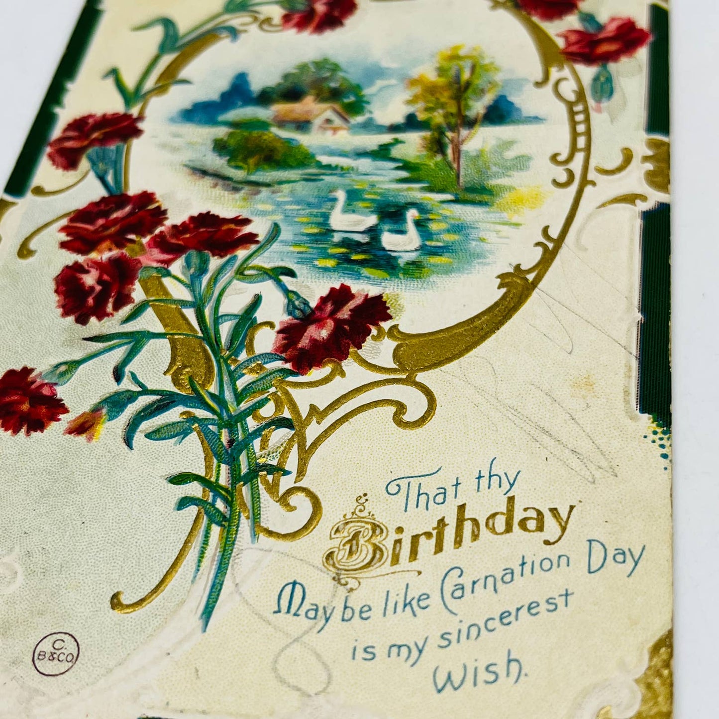 1910s Birthday Post Card Embossed Dresden Swans Red Chrysanthemums PA5