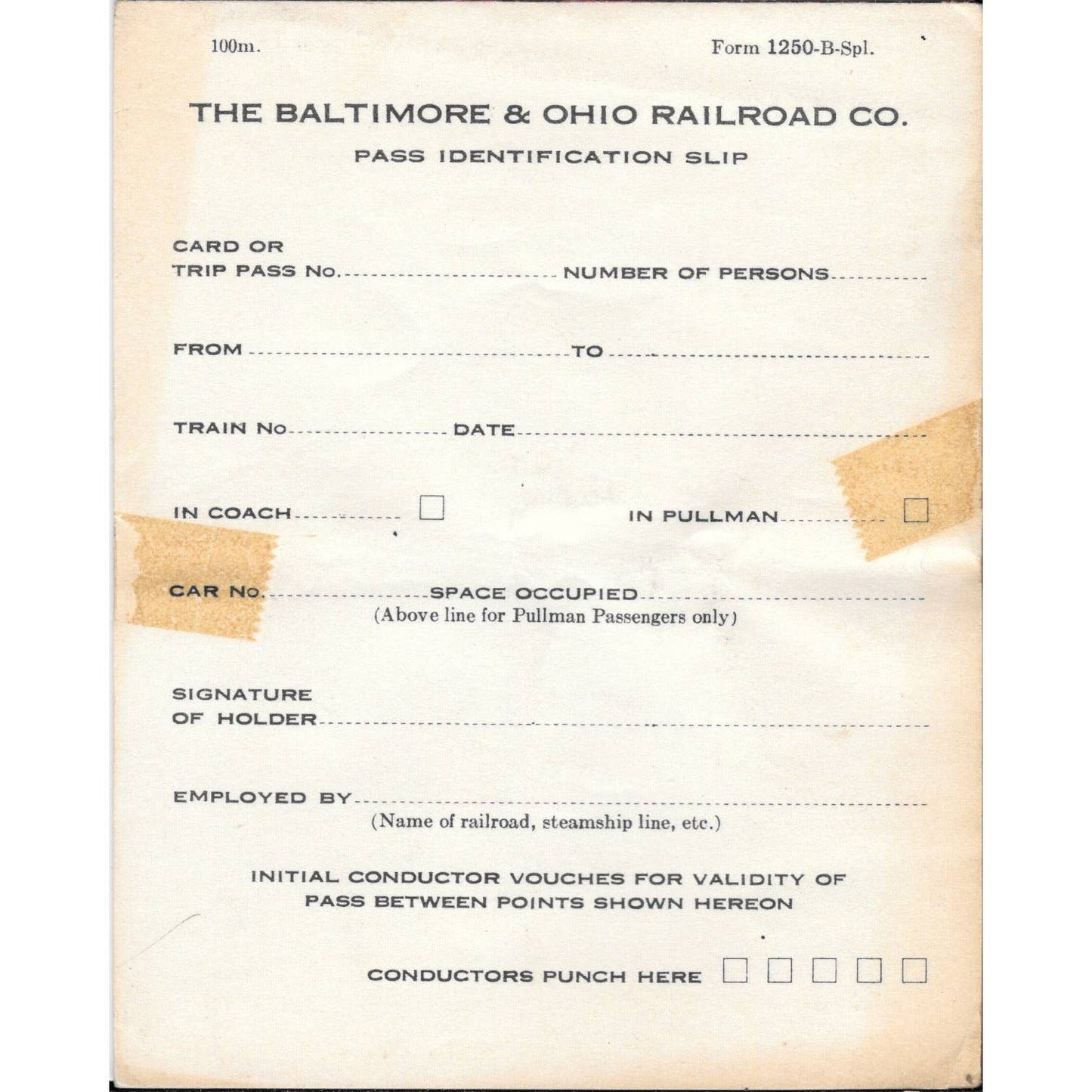 Vintage Baltimore & Ohio Railroad B&O RR Pass Identification Slip Blank Pad TJ7