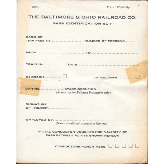 Vintage Baltimore & Ohio Railroad B&O RR Pass Identification Slip Blank Pad TJ7