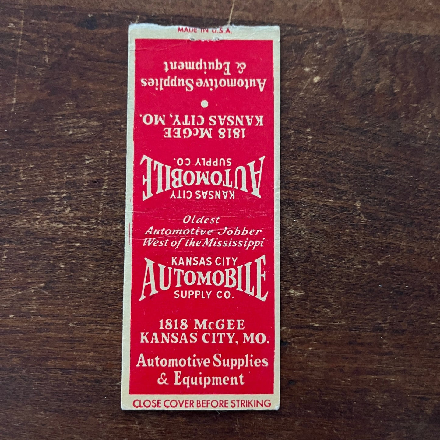 Kansas City Automobile Supply Co Advertising Matchbook Cover MM11-8