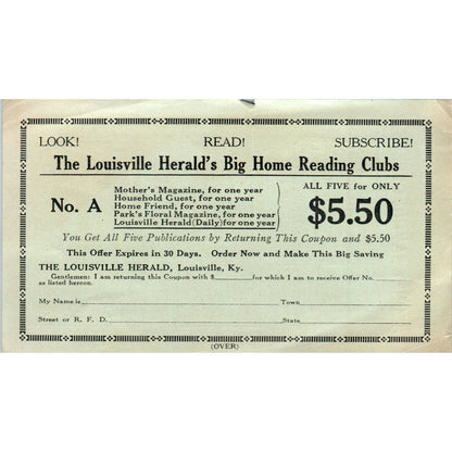1921 Louisville Herald Reading Club Magazine Subscription Order Form SE4-1