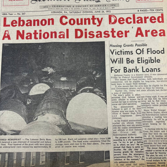 1972 June 24 Lebanon Daily News Hurricane Agnes Lebanon Declared Disaster TH6